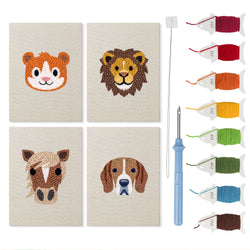 Lion and Hamster mini punch needle kit set: four finished canvases with threads, punch needle and threader