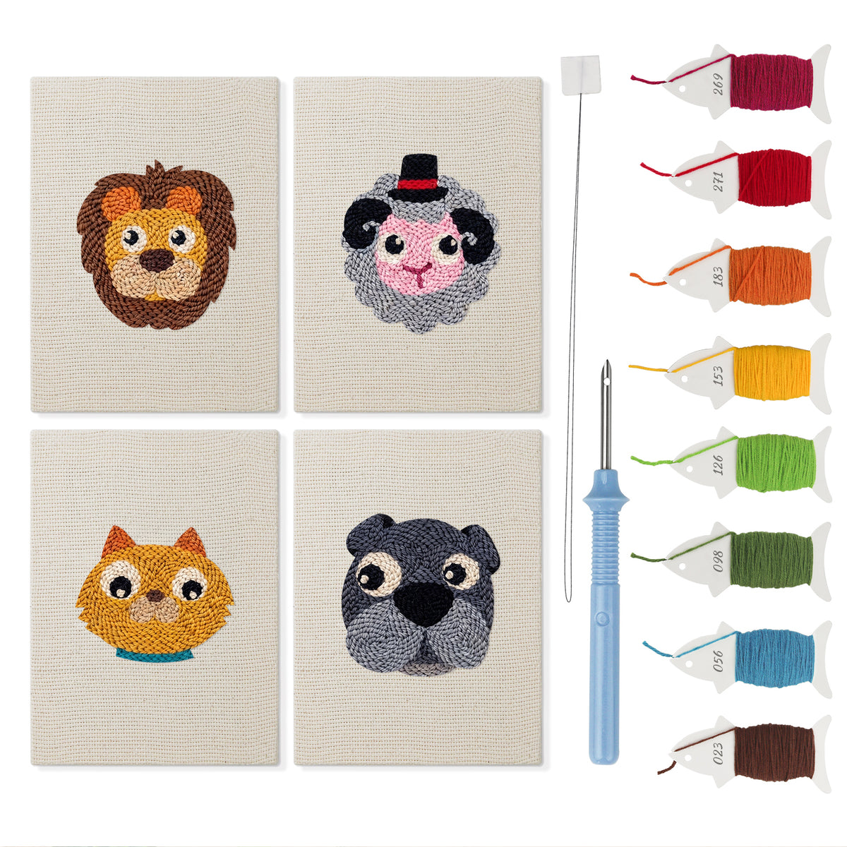 Lion and Sheep mini punch needle kit set: four finished canvases with threads, punch needle and threader