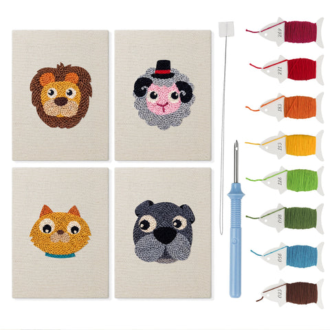 Lion and Sheep mini punch needle kit set: four finished canvases with threads, punch needle and threader