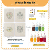 What is in the Lion and Sheep set: 4 printed canvases, punch needle, threader, threads, color guide and 4 sets of hangers (6 × 8 in (15 × 20 cm) each)