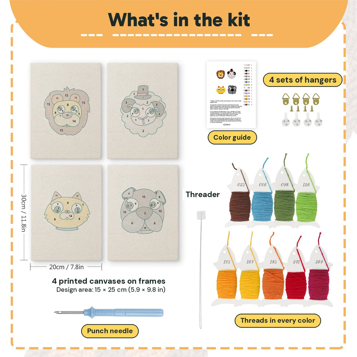 What is in the Lion and Sheep set, 8 × 12 in (20 × 30 cm) each: 4 printed canvases, punch needle, threader, threads, color guide and 4 sets of hangers