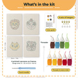 What is in the Lion and Sheep set, 8 × 12 in (20 × 30 cm) each: 4 printed canvases, punch needle, threader, threads, color guide and 4 sets of hangers