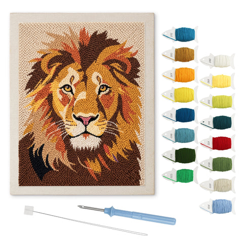 Lion Portrait punch needle kit: finished canvas with threads, punch needle and threader