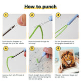 Six steps showing how to thread and use the punch needle