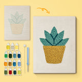 Little Agave canvas before and after punching, with the threads and tools