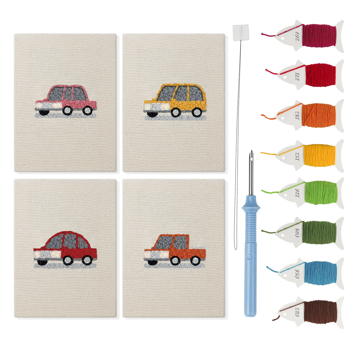 Little City Cars mini punch needle kit set: four finished canvases with threads, punch needle and threader