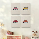 The four Little City Cars mini canvases on a wall above a shelf