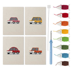 Little City Cars mini punch needle kit set: four finished canvases with threads, punch needle and threader