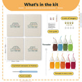 What is in the Little City Cars set: 4 printed canvases, punch needle, threader, threads, color guide and 4 sets of hangers (6 × 8 in (15 × 20 cm) each)