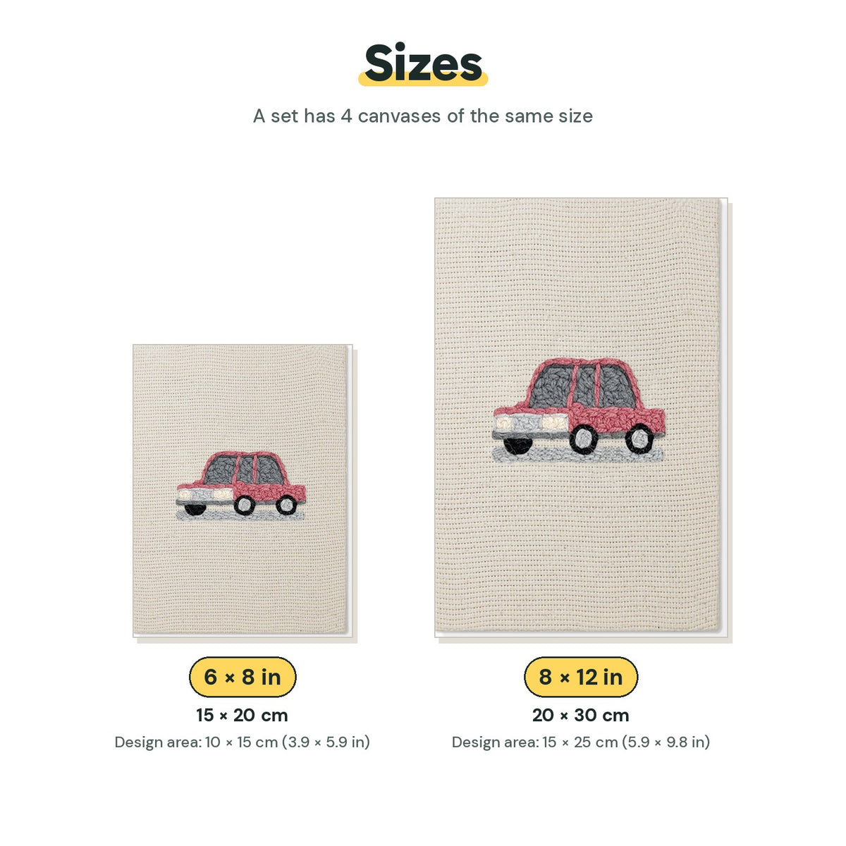 Size chart for the two mini canvas sizes: 6 x 8 in and 8 x 12 in
