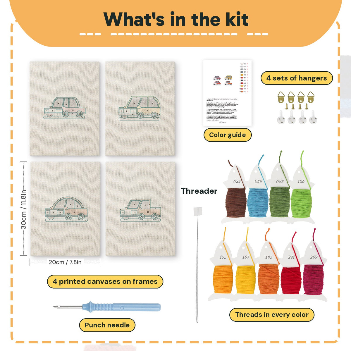 What is in the Little City Cars set, 8 × 12 in (20 × 30 cm) each: 4 printed canvases, punch needle, threader, threads, color guide and 4 sets of hangers