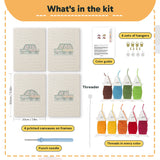 What is in the Little City Cars set, 8 × 12 in (20 × 30 cm) each: 4 printed canvases, punch needle, threader, threads, color guide and 4 sets of hangers