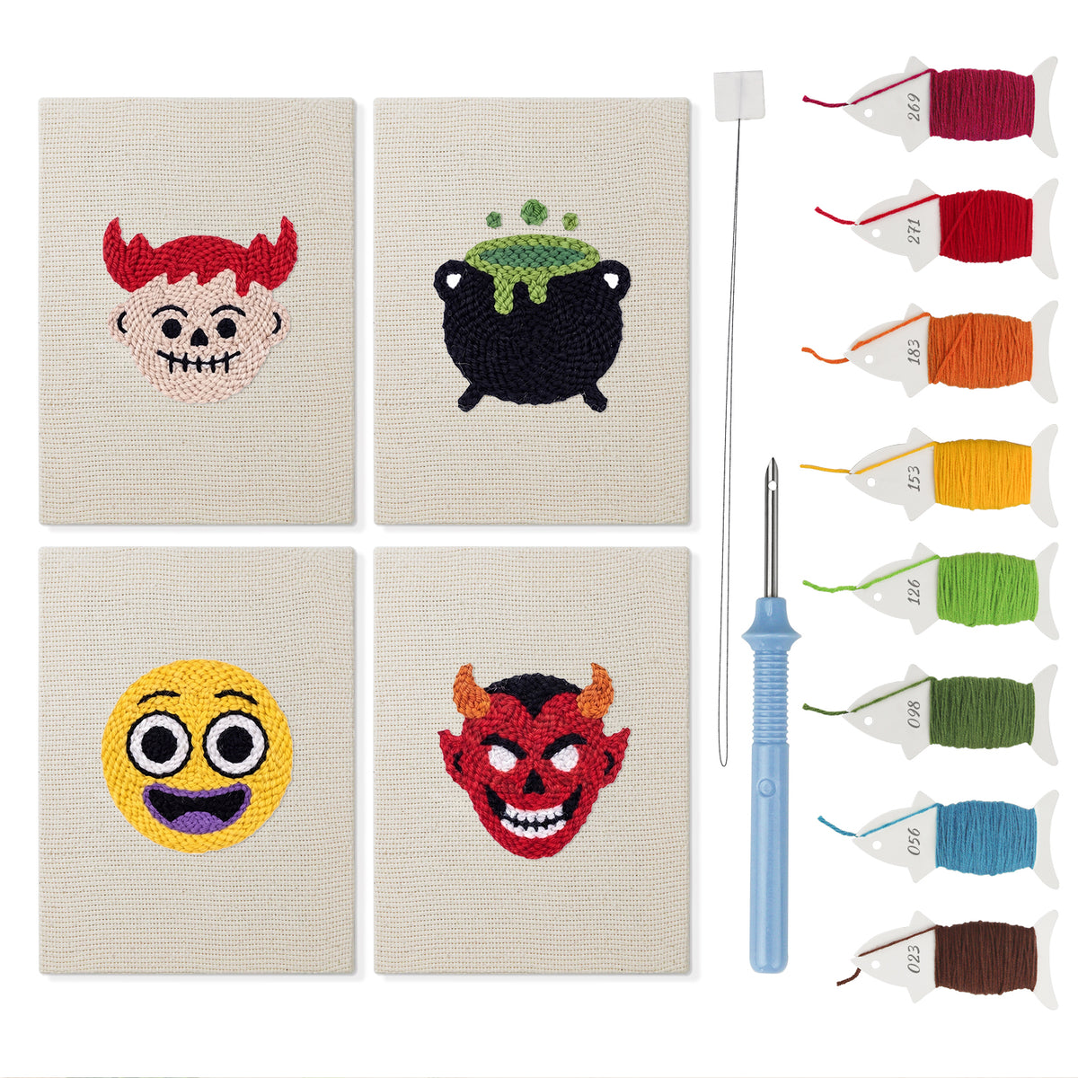 Little Devils mini punch needle kit set: four finished canvases with threads, punch needle and threader