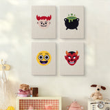 The four Little Devils mini canvases on a wall above a shelf