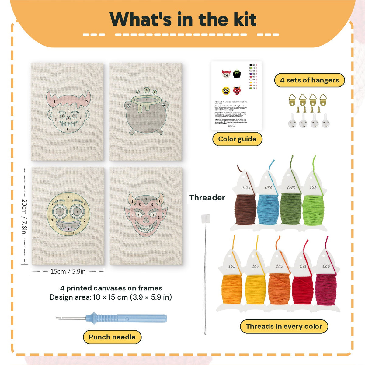 What is in the Little Devils set: 4 printed canvases, punch needle, threader, threads, color guide and 4 sets of hangers (6 × 8 in (15 × 20 cm) each)