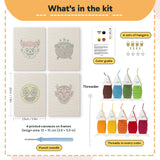 What is in the Little Devils set: 4 printed canvases, punch needle, threader, threads, color guide and 4 sets of hangers (6 × 8 in (15 × 20 cm) each)