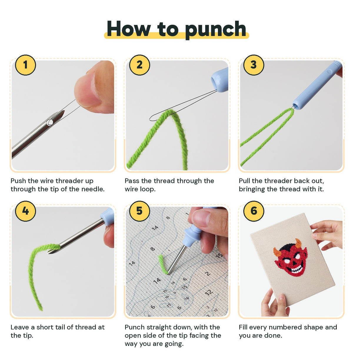 Six steps showing how to thread and use the punch needle