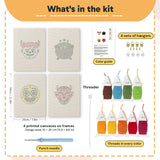 What is in the Little Devils set, 8 × 12 in (20 × 30 cm) each: 4 printed canvases, punch needle, threader, threads, color guide and 4 sets of hangers