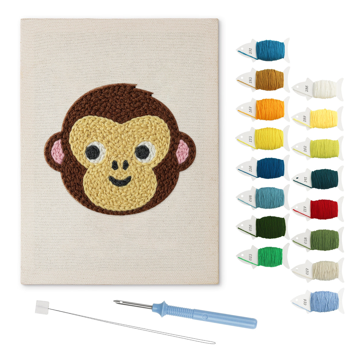 Little Monkey Face punch needle kit: finished canvas with threads, punch needle and threader