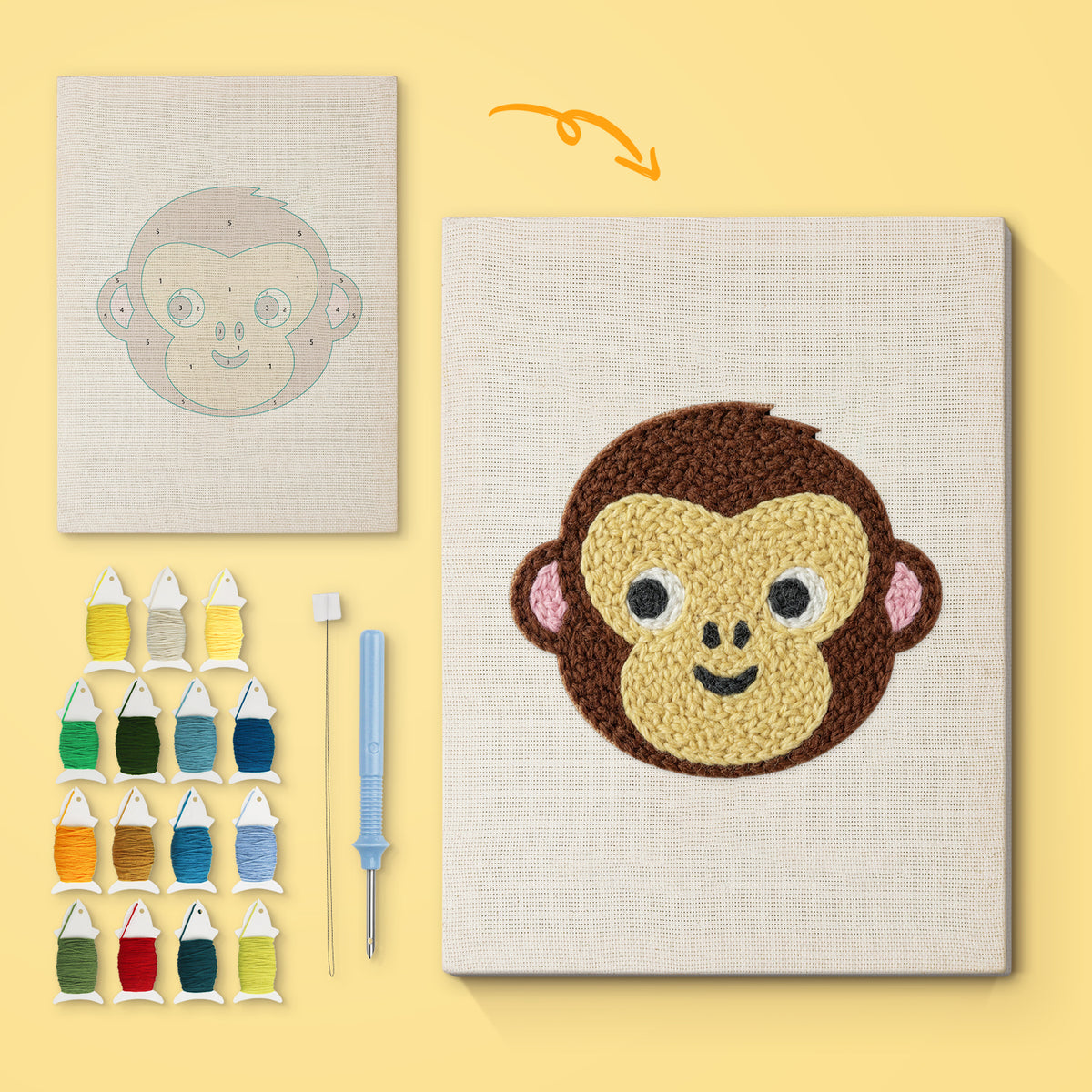 Little Monkey Face canvas before and after punching, with the threads and tools