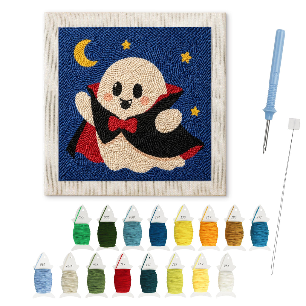 Little Vampire Ghost punch needle kit: finished canvas with threads, punch needle and threader