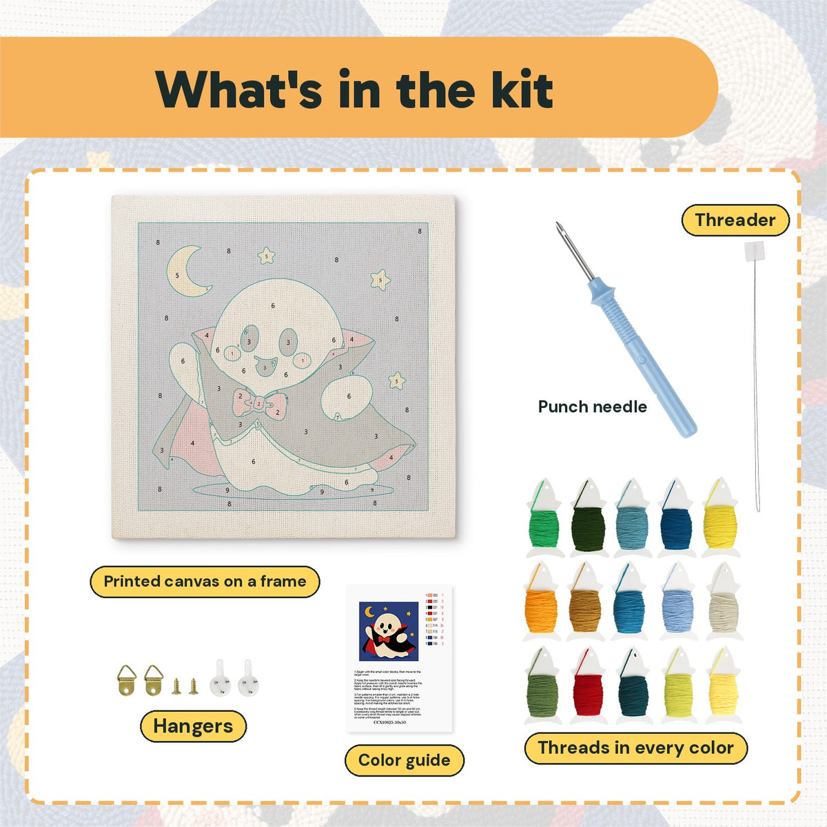 What is in the Little Vampire Ghost kit: printed canvas, punch needle, threader, threads, color guide and hangers