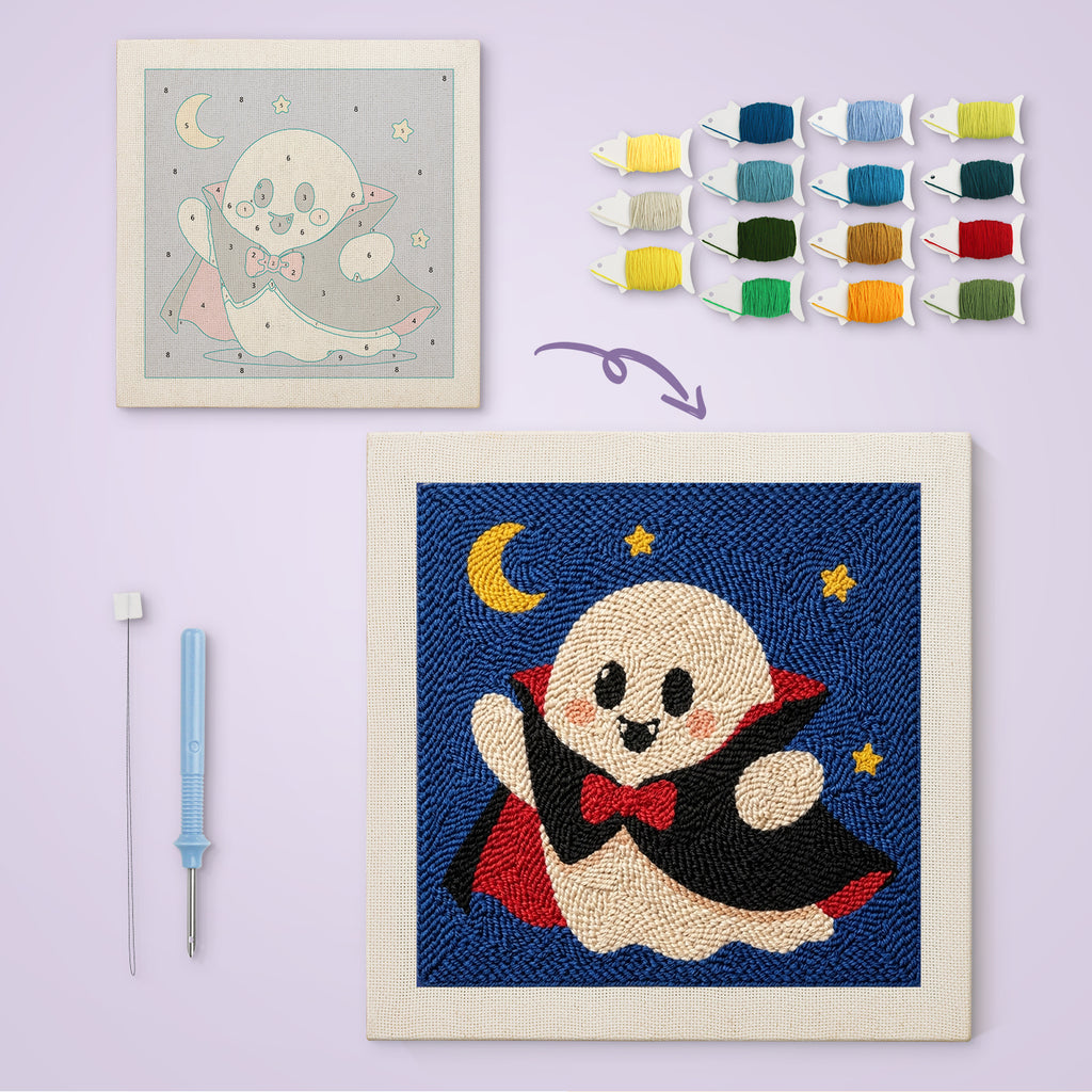 Little Vampire Ghost canvas before and after punching, with the threads and tools
