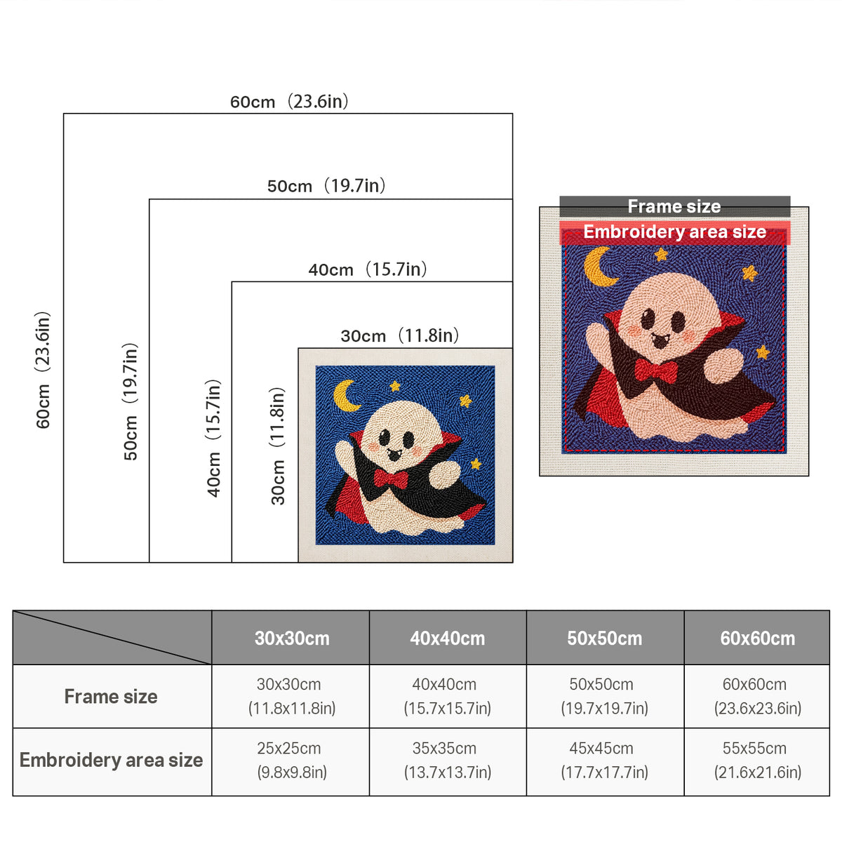 Size chart for square punch needle kits from 30 x 30 cm to 60 x 60 cm