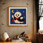 Finished Little Vampire Ghost punch needle canvas on a wall