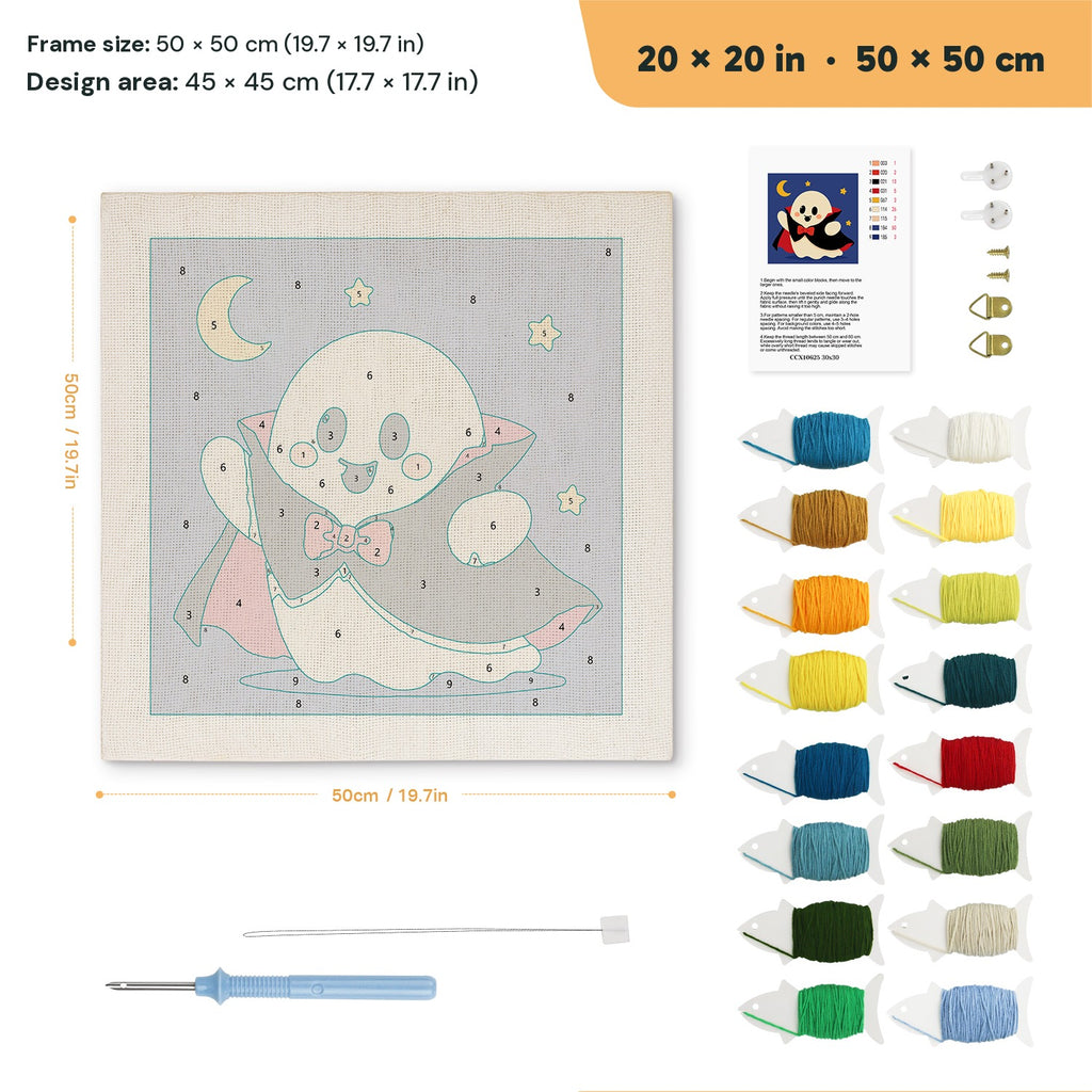 Little Vampire Ghost punch needle kit, 20 × 20 in (50 × 50 cm): canvas size and kit contents