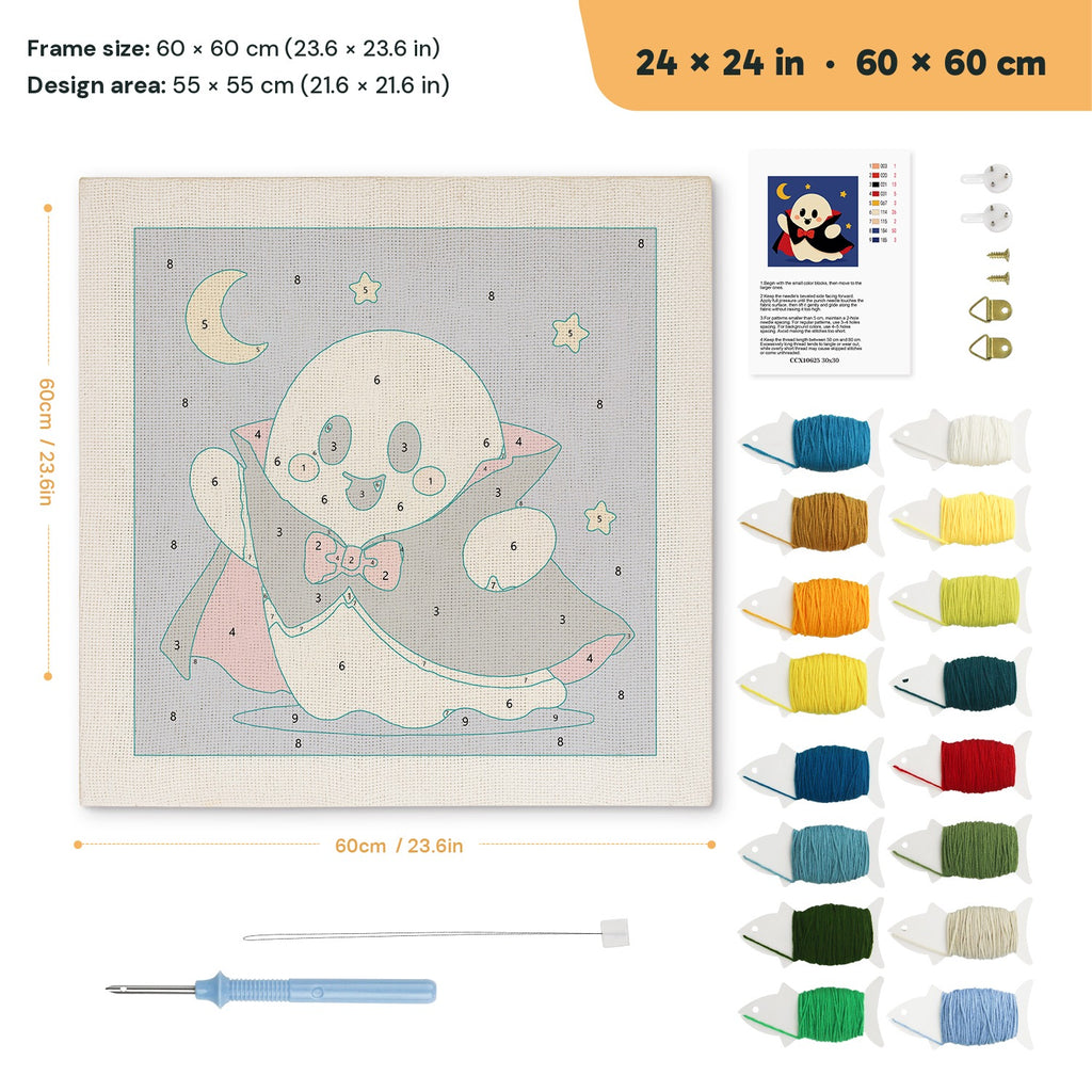 Little Vampire Ghost punch needle kit, 24 × 24 in (60 × 60 cm): canvas size and kit contents