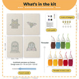 What is in the Little Vampire set: 4 printed canvases, punch needle, threader, threads, color guide and 4 sets of hangers (6 × 8 in (15 × 20 cm) each)
