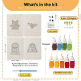 What is in the Little Vampire set, 8 × 12 in (20 × 30 cm) each: 4 printed canvases, punch needle, threader, threads, color guide and 4 sets of hangers