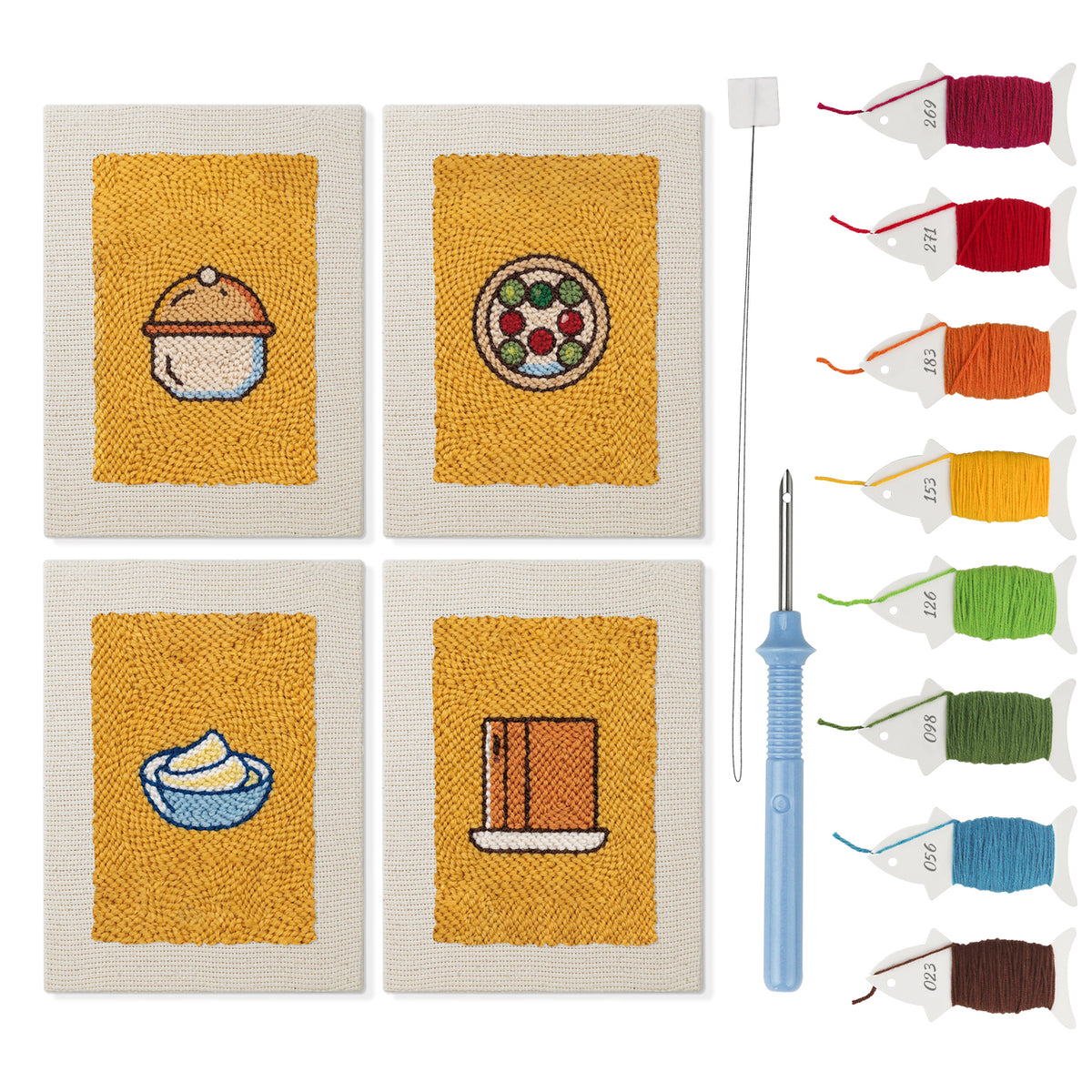Little Yellow Dishes mini punch needle kit set: four finished canvases with threads, punch needle and threader