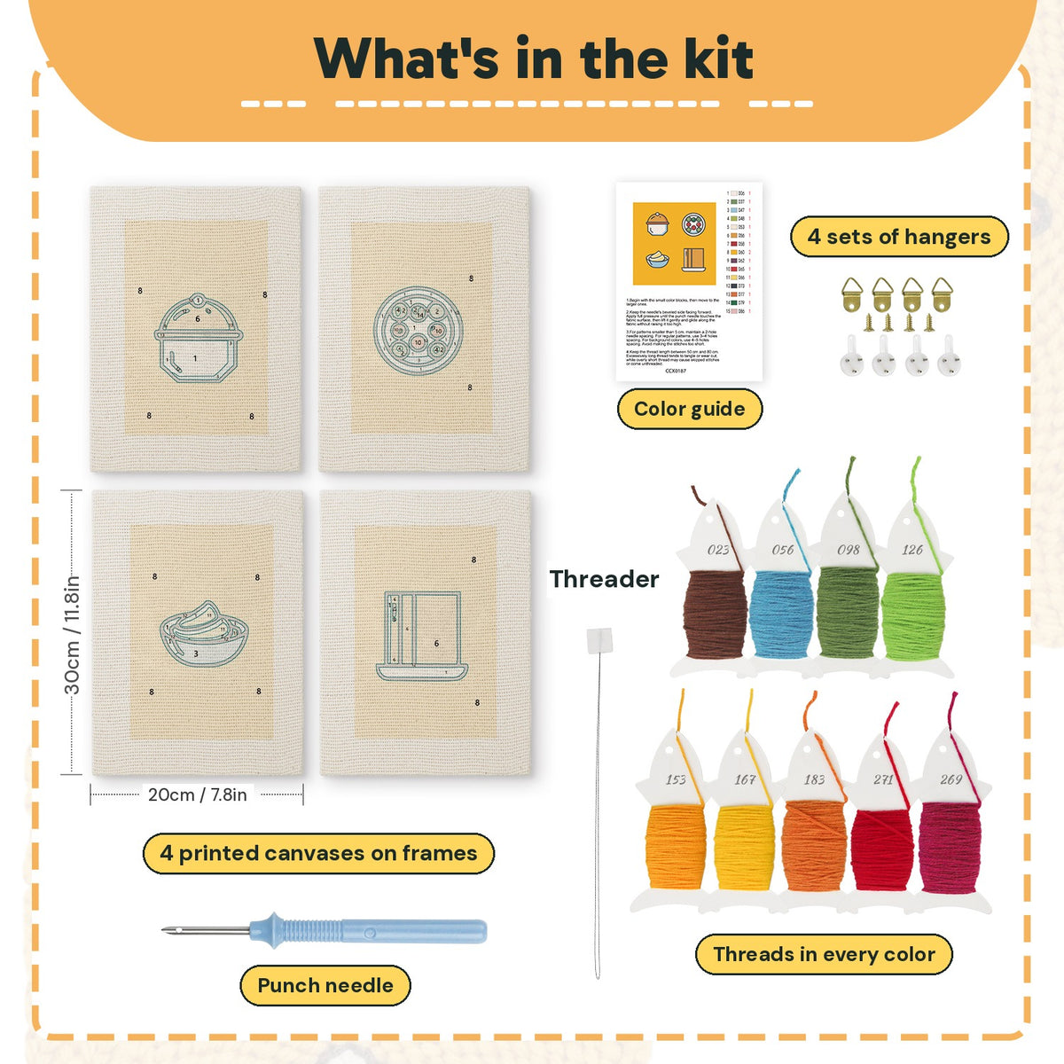 What is in the Little Yellow Dishes set, 8 × 12 in (20 × 30 cm) each: 4 printed canvases, punch needle, threader, threads, color guide and 4 sets of hangers