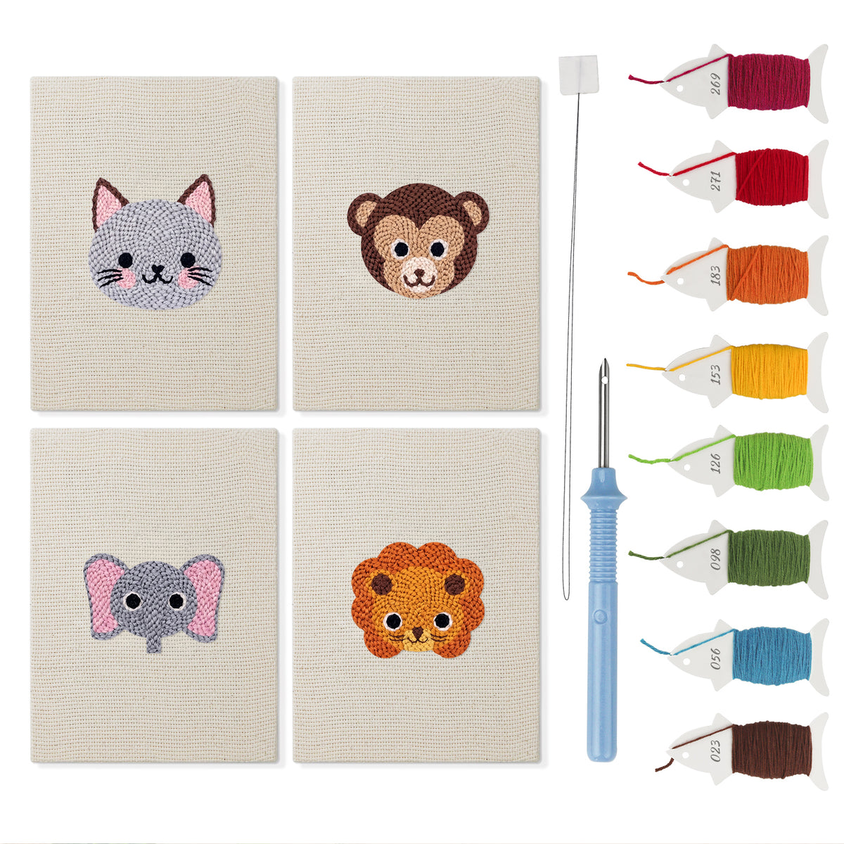 Little Zoo Faces mini punch needle kit set: four finished canvases with threads, punch needle and threader