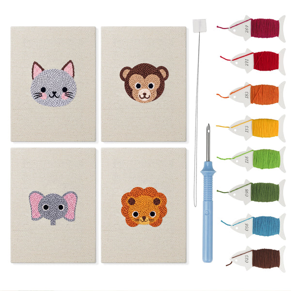 Little Zoo Faces mini punch needle kit set: four finished canvases with threads, punch needle and threader