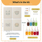 What is in the Little Zoo Faces set: 4 printed canvases, punch needle, threader, threads, color guide and 4 sets of hangers (6 × 8 in (15 × 20 cm) each)