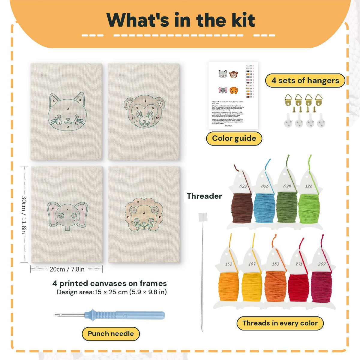 What is in the Little Zoo Faces set, 8 × 12 in (20 × 30 cm) each: 4 printed canvases, punch needle, threader, threads, color guide and 4 sets of hangers