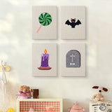 The four Lollipop and Bat mini canvases on a wall above a shelf