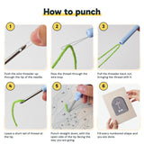 Six steps showing how to thread and use the punch needle
