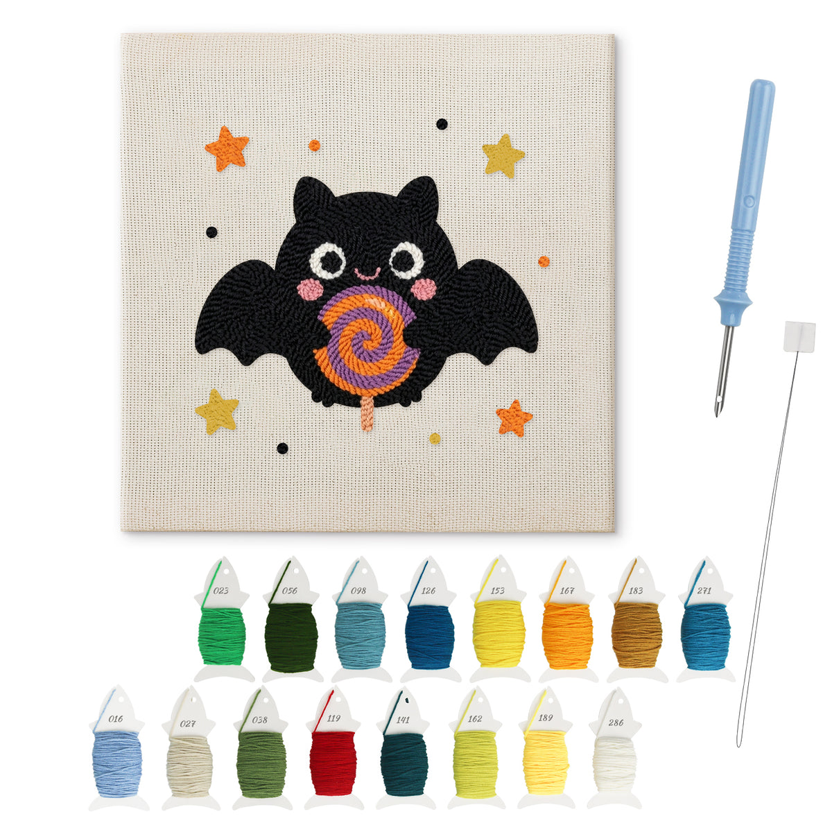 Lollipop Bat punch needle kit: finished canvas with threads, punch needle and threader