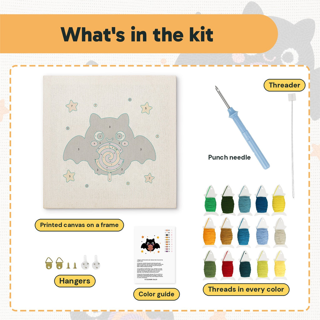 What is in the Lollipop Bat kit: printed canvas, punch needle, threader, threads, color guide and hangers
