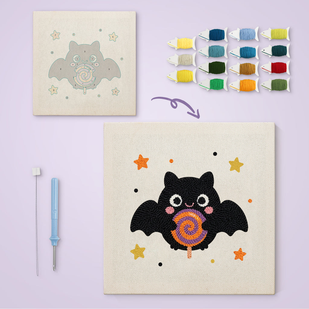Lollipop Bat canvas before and after punching, with the threads and tools
