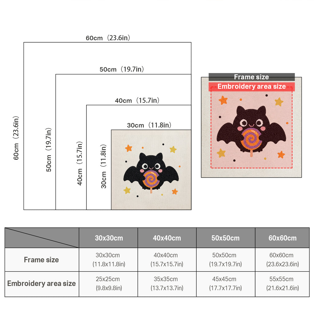 Size chart for square punch needle kits from 30 x 30 cm to 60 x 60 cm