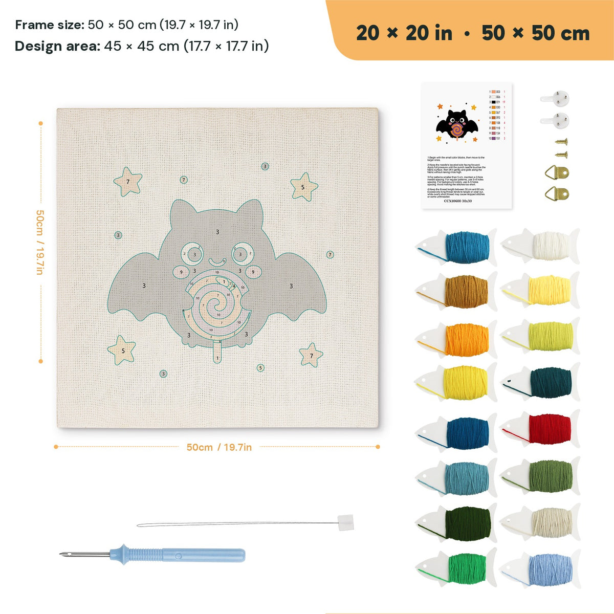 Lollipop Bat punch needle kit, 20 × 20 in (50 × 50 cm): canvas size and kit contents
