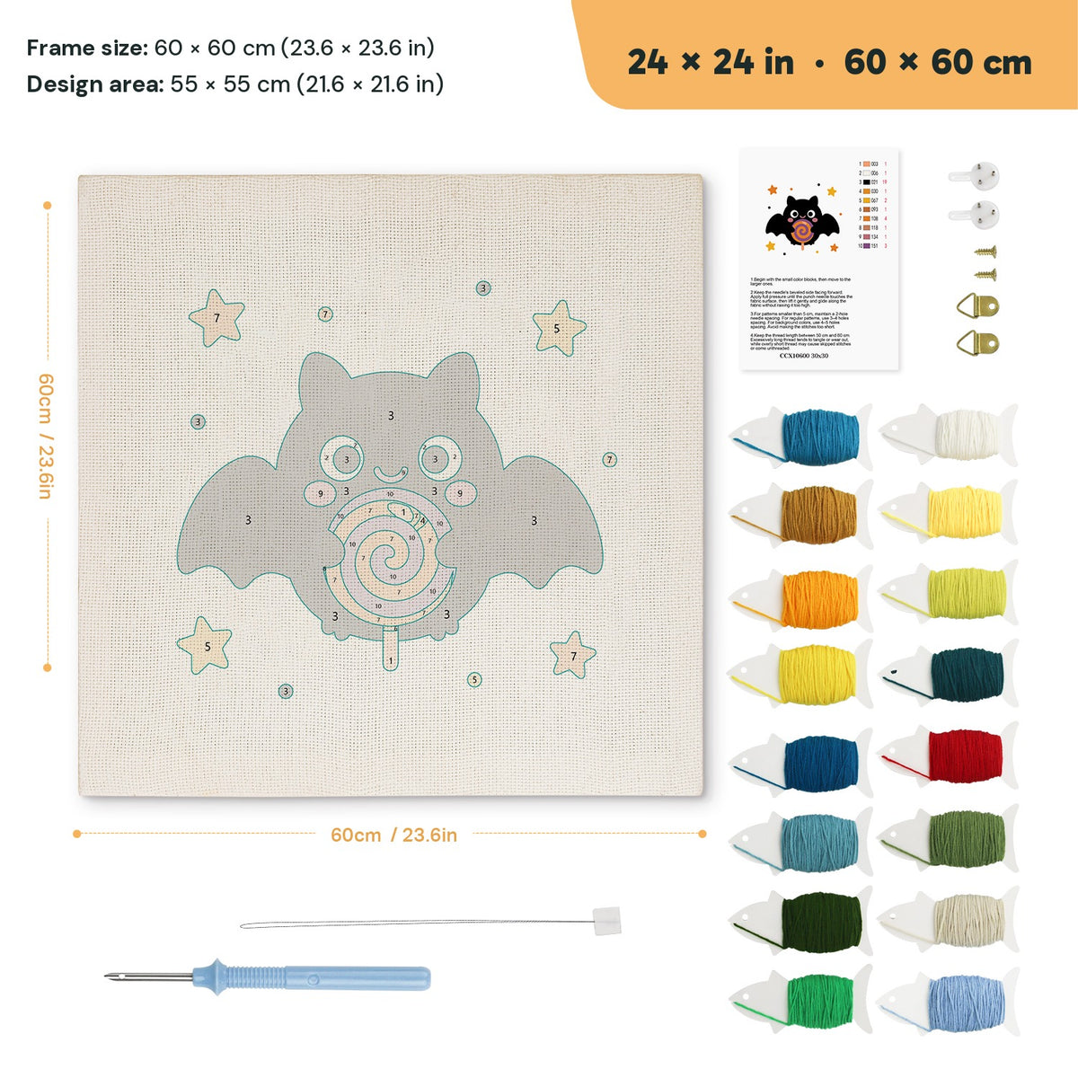 Lollipop Bat punch needle kit, 24 × 24 in (60 × 60 cm): canvas size and kit contents