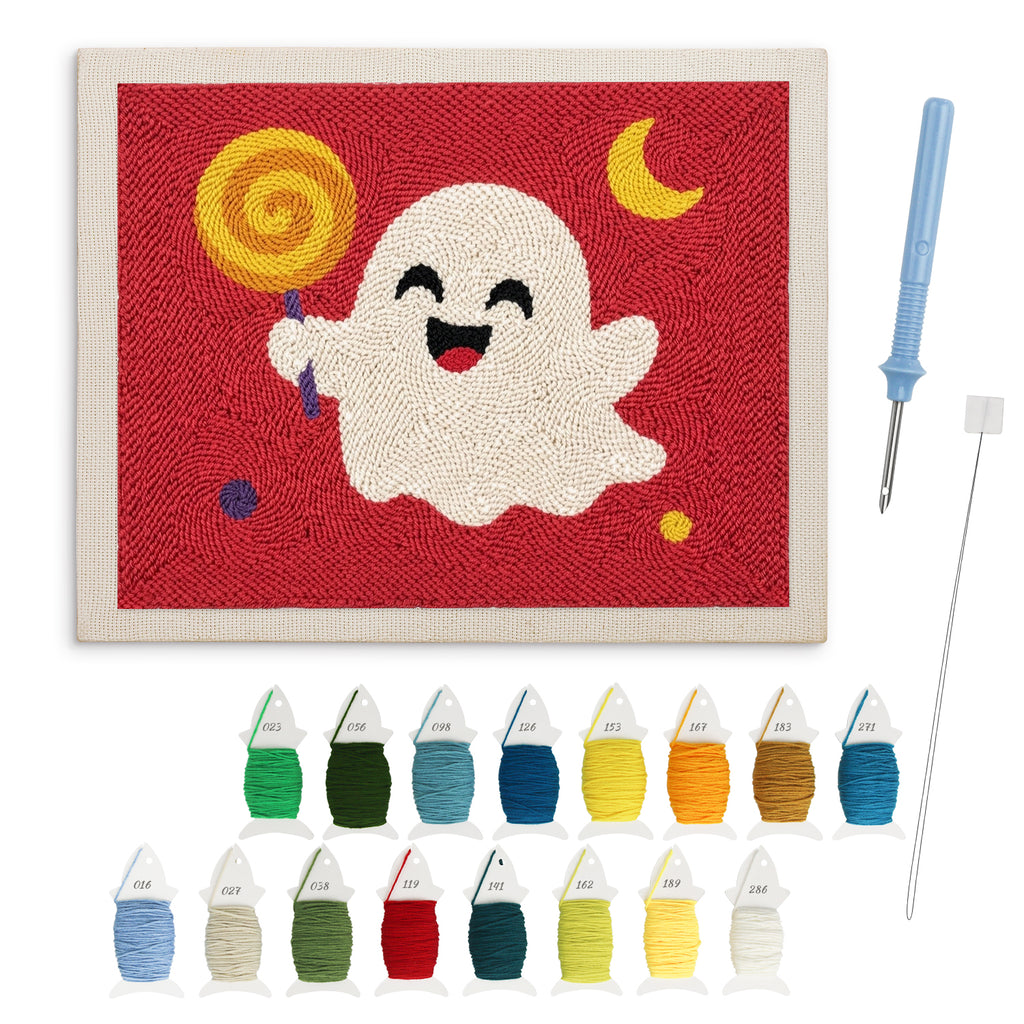 Lollipop Ghost on Red punch needle kit: finished canvas with threads, punch needle and threader