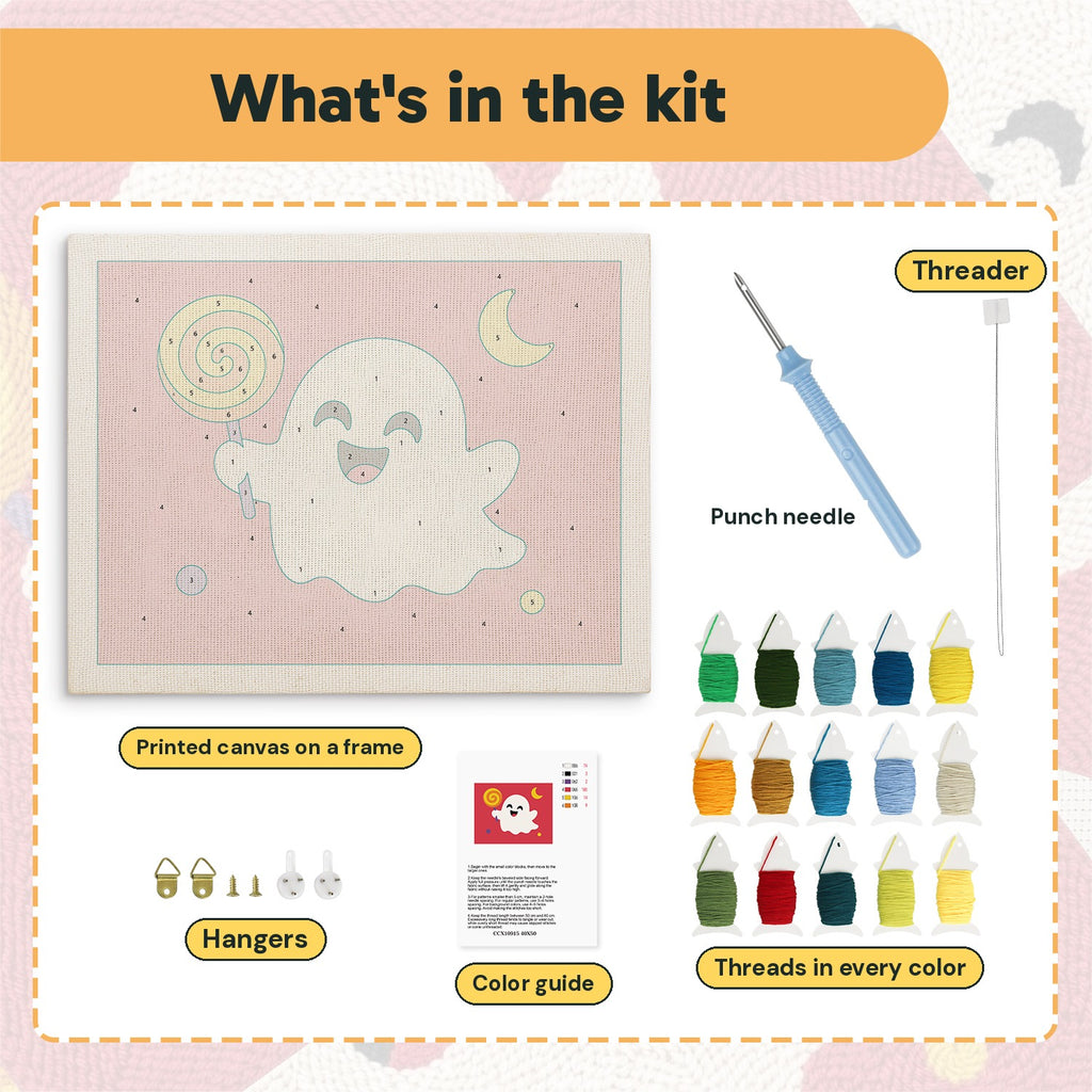 What is in the Lollipop Ghost on Red kit: printed canvas, punch needle, threader, threads, color guide and hangers