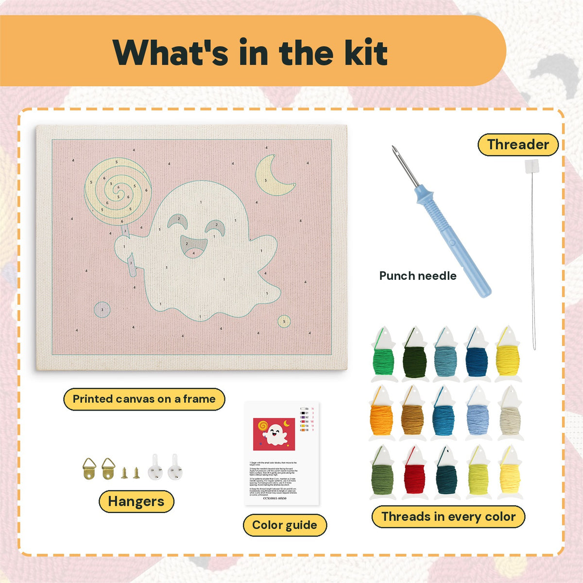 What is in the Lollipop Ghost on Red kit: printed canvas, punch needle, threader, threads, color guide and hangers